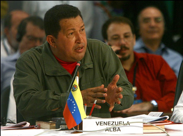 O presidente venezuelano Hugo Ch&aacute;vez na xuntanza no Brasil