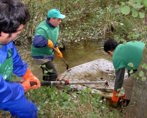 Voluntarios retirando un colch&oacute;n dun r&iacute;o